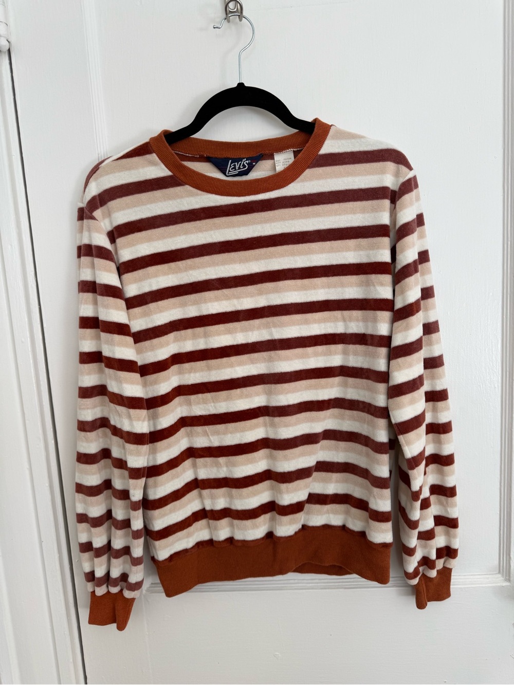 Levi's Vintage 1970s Cream & Rust Striped Crewneck Velour Sweatshirt Medium